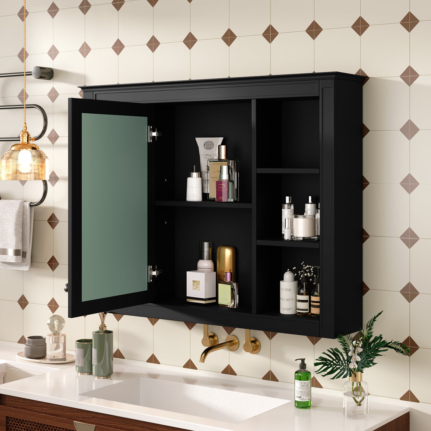 35'' x 28'' Wall Mounted Medicine Cabinet with Mirror - Black