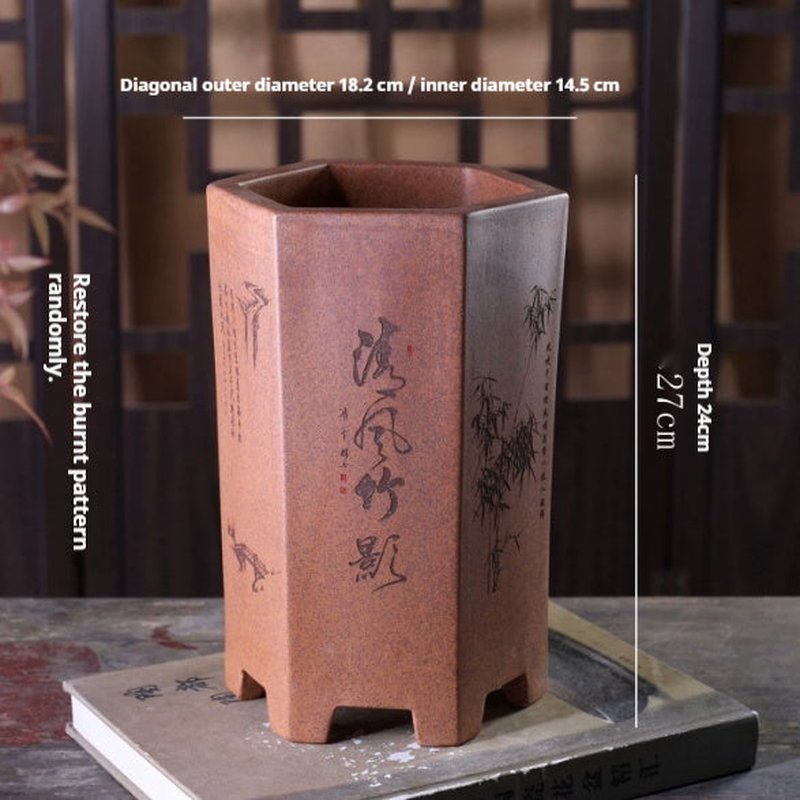 Hexagonal Incense Cylinder Pot - Purple Clay Flower Vase for Home Decor
