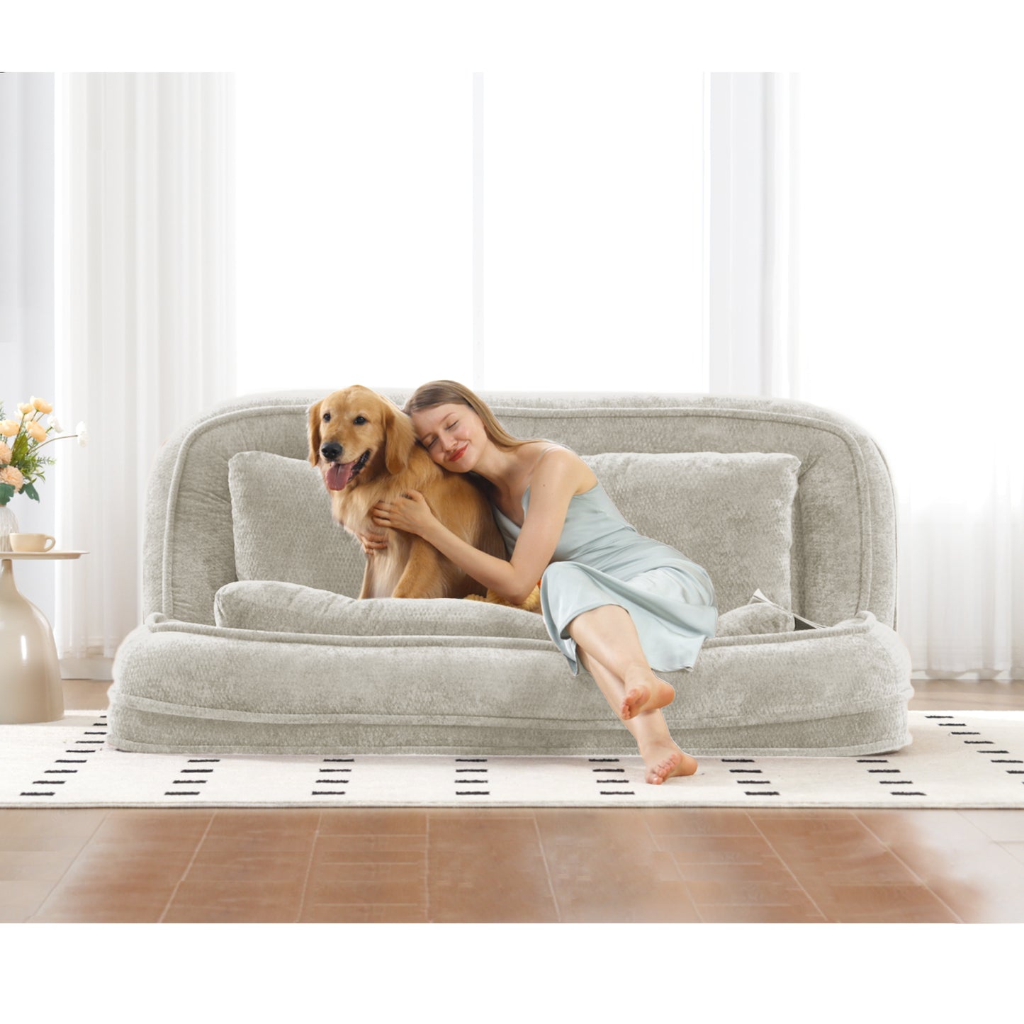 Extra Large Chenille Lazy Sofa Loveseat - Beige 2-in-1 Dog Bed