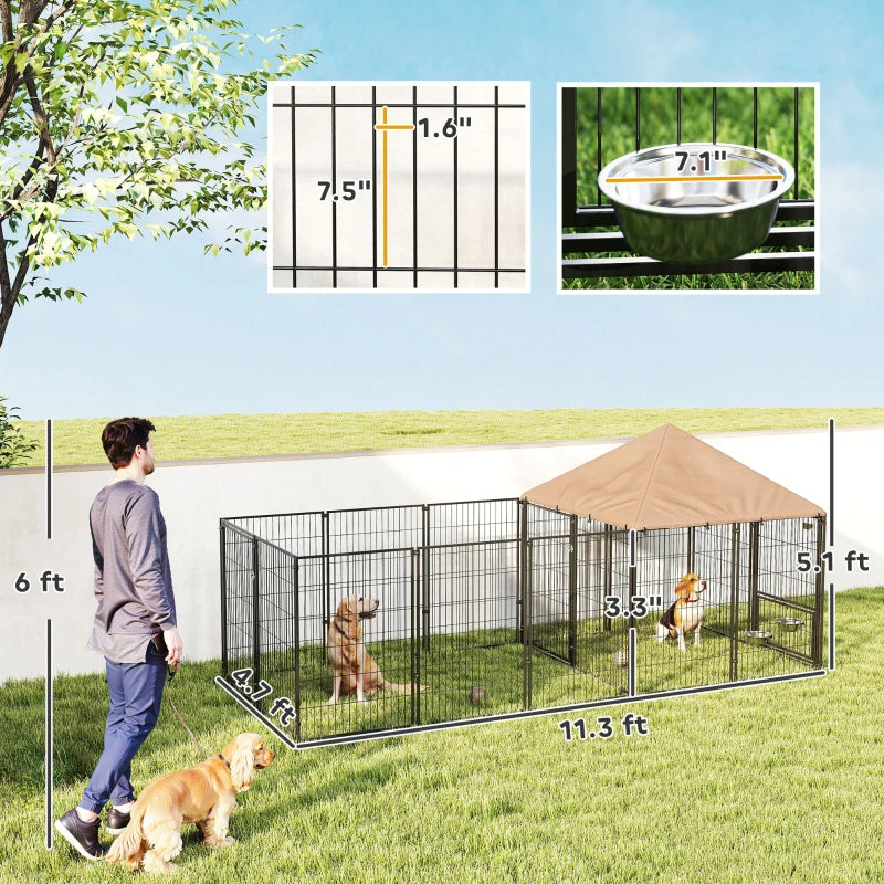 Large Outdoor Dog Kennel with Rotating Adjustable Feed Bowls Waterproof Canopy
