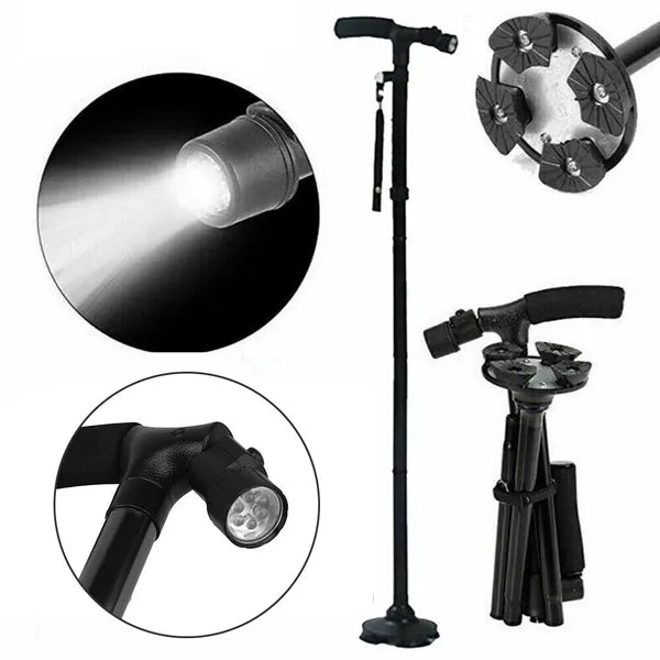 LED Folding Walking Cane with Pivoting Base - Adjustable Height