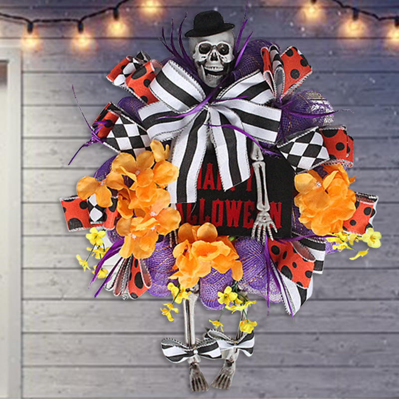 Halloween Skeleton Door Hanger Rattan Pumpkin Wreath Front Door Decor