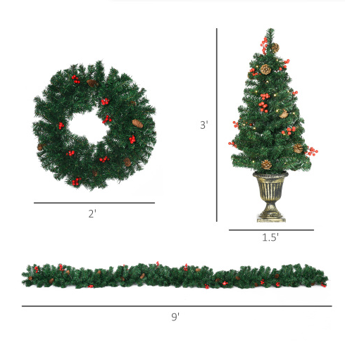 Prelit Christmas Decoration Set - Wreath, Garland & 2 Trees with LED Lights