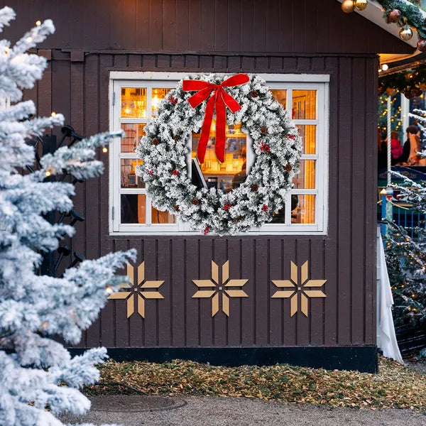 Pre-Lit Snow Flocked Christmas Wreath - 48 Inch with 150 Lights