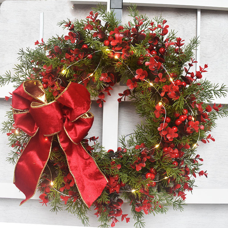 Red Christmas Wreath with Lights - Artificial Cherry Pattern Wall Hanging Garland