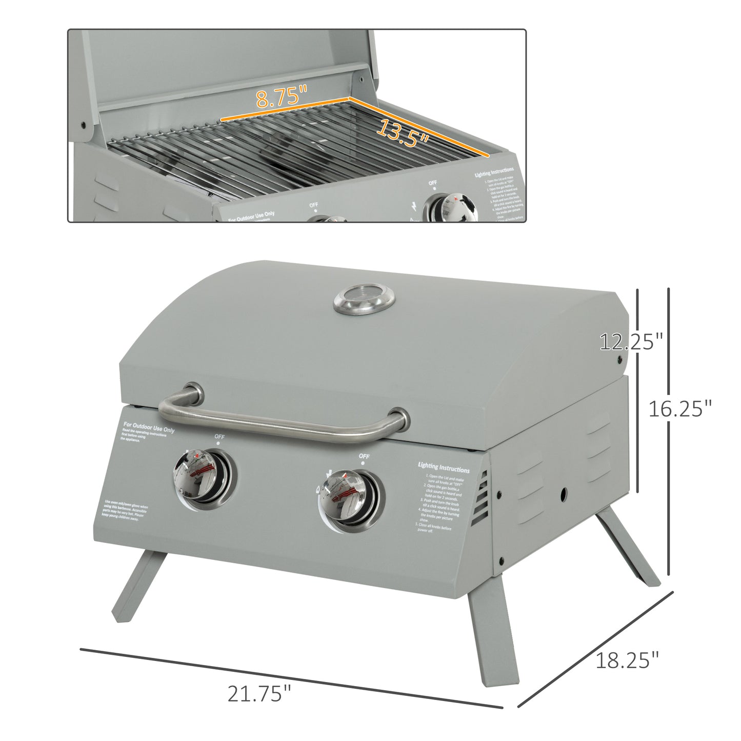 2-Burner Folding Gas BBQ Grill with Lid and Thermometer - Light Grey