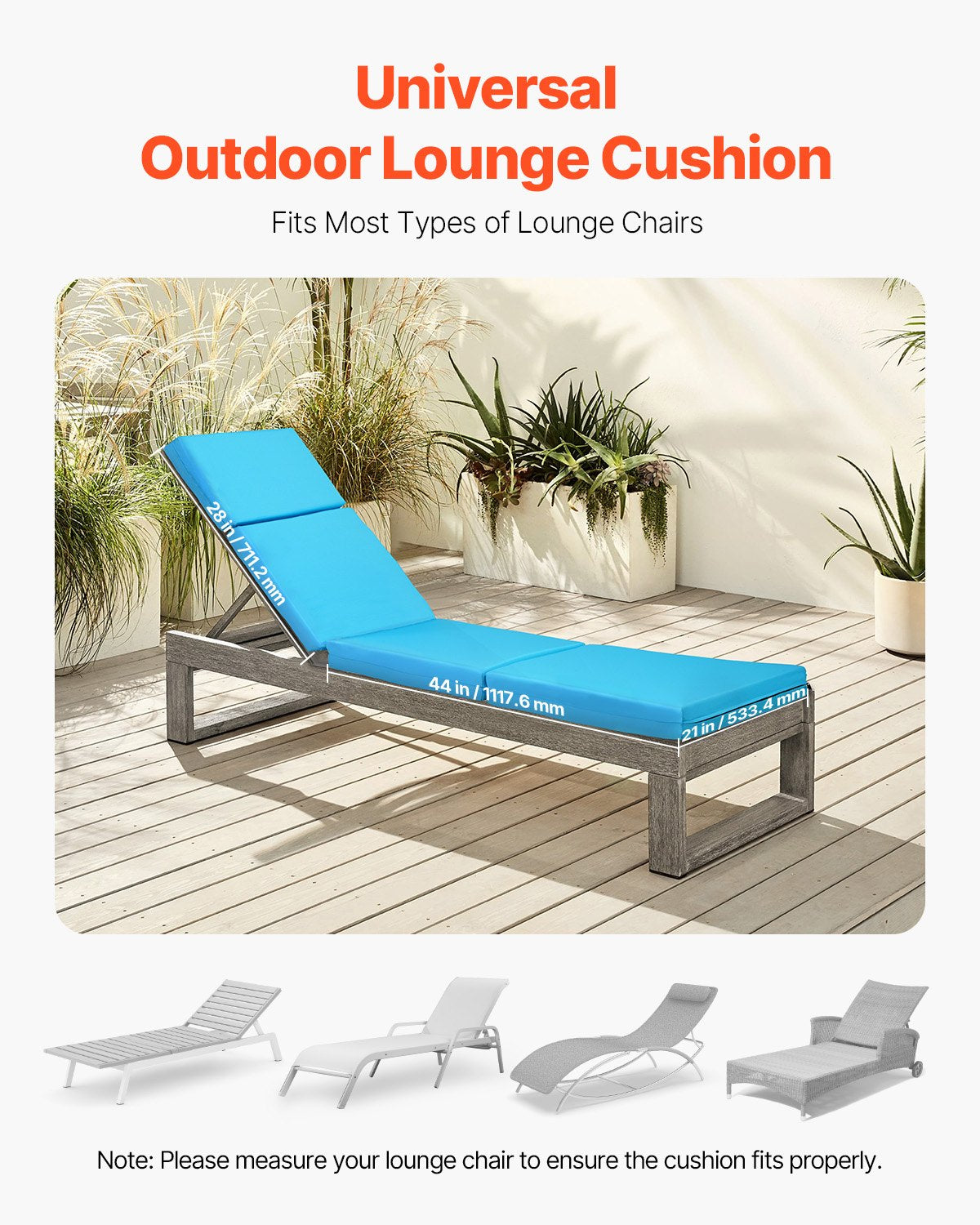 Outdoor Lounge Chair Cushions Set of 2 Waterproof Thick Supportive 72x21 in - Blue