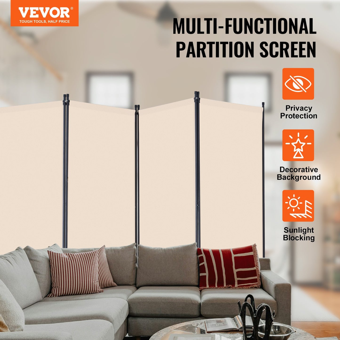 4 Panel Room Divider - Folding Privacy Screen for Home & Office - Beige