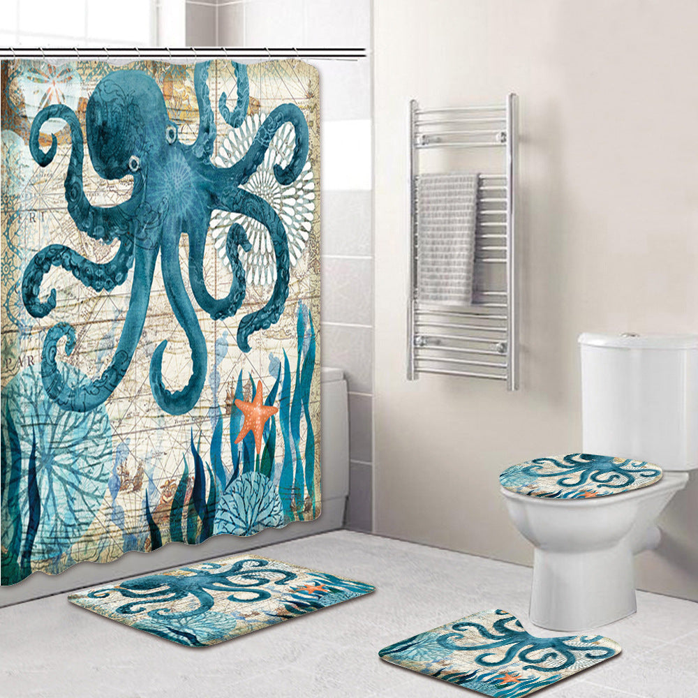 Bathroom Shower Curtain and Floor Mat Set Ocean World Printing - 4 Piece