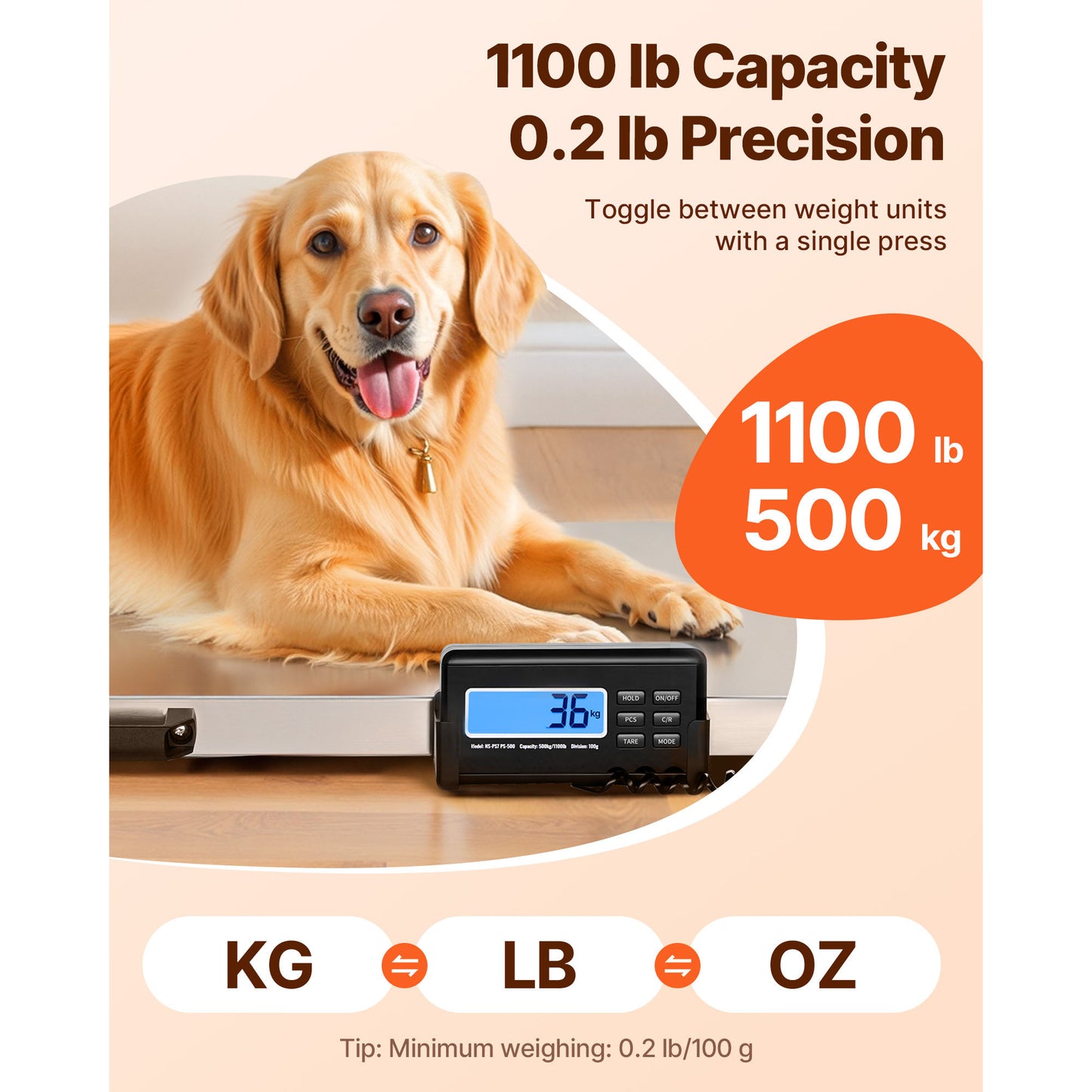Digital Postal Scale 1100 Lb Capacity with Hold & Tare LCD Display for Packages & Luggage