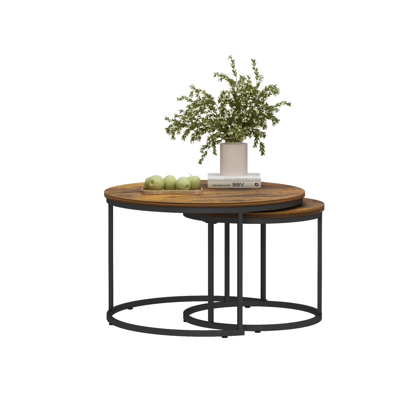 Nesting Coffee Table Set of 2 - Round Wood & Metal, Rustic Brown