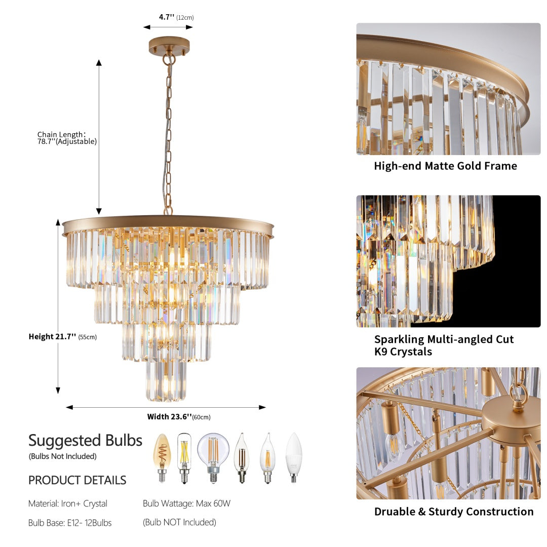 Elegant 4-Tier Golden Crystal Chandelier - 23.6x21.7 inch
