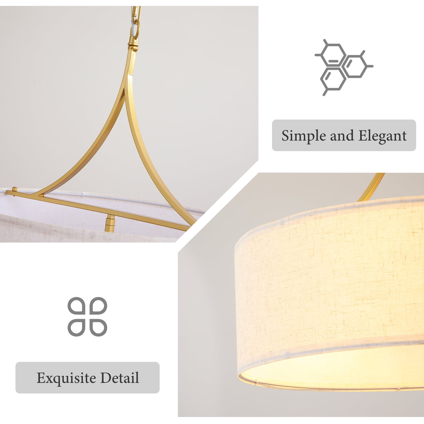 Golden Fabric Pendant Light - Adjustable Drum Chandelier for Dining & Living Rooms