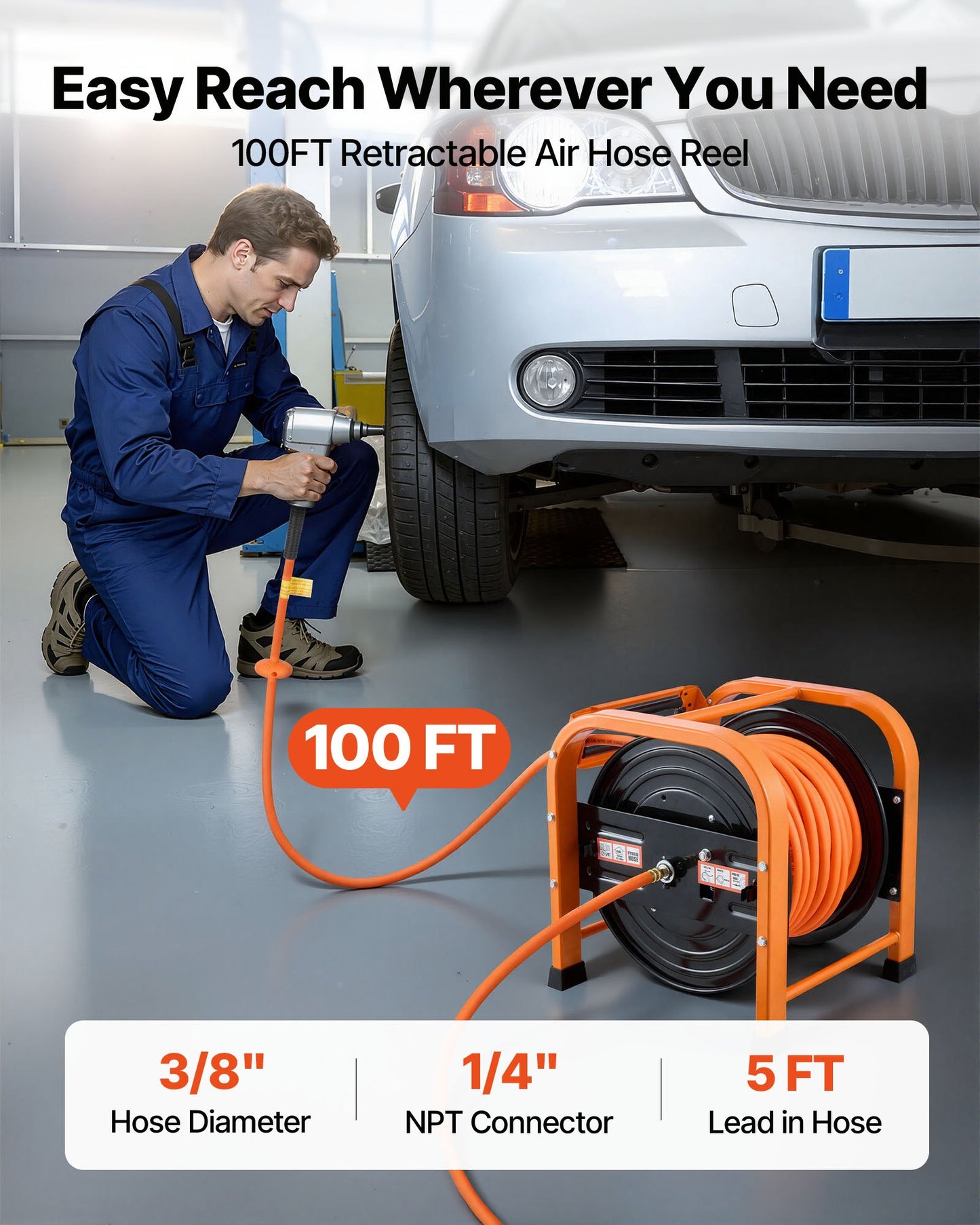 Retractable Air Hose Reel 3/8 Inch x 100 Ft PVC Heavy Duty Steel Portable Garden