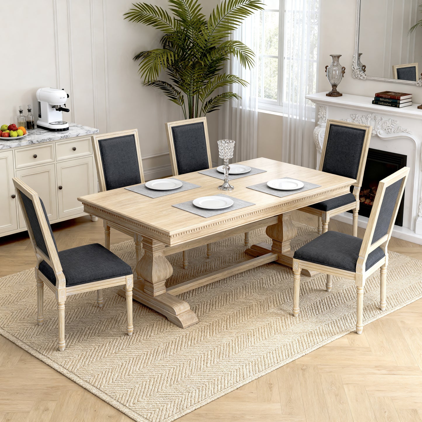 French Country Dining Chairs Set of 2 - Upholstered Grey
