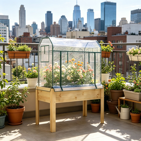 Raised Garden Bed with Cover and Wooden Base - Outdoor Planting Container