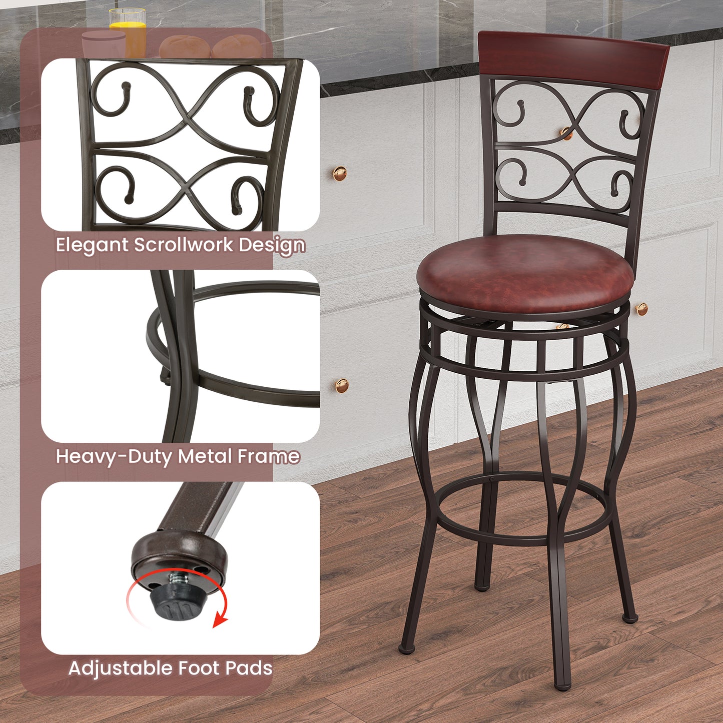 30-Inch Swivel Bar Stools with Leather Padded Seats - Brown Set of 2