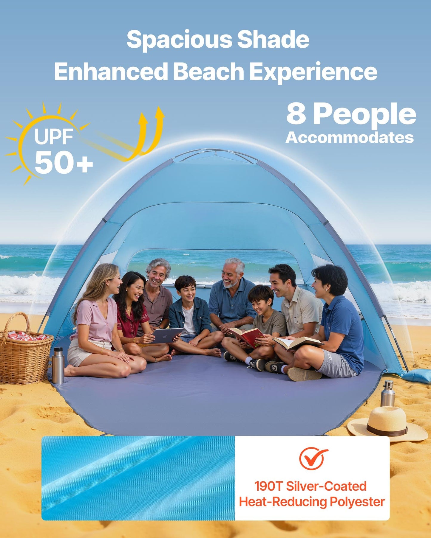 8-Person Beach Sun Shelter Tent UPF 50+ Portable Shade Canopy with Carrying Bag