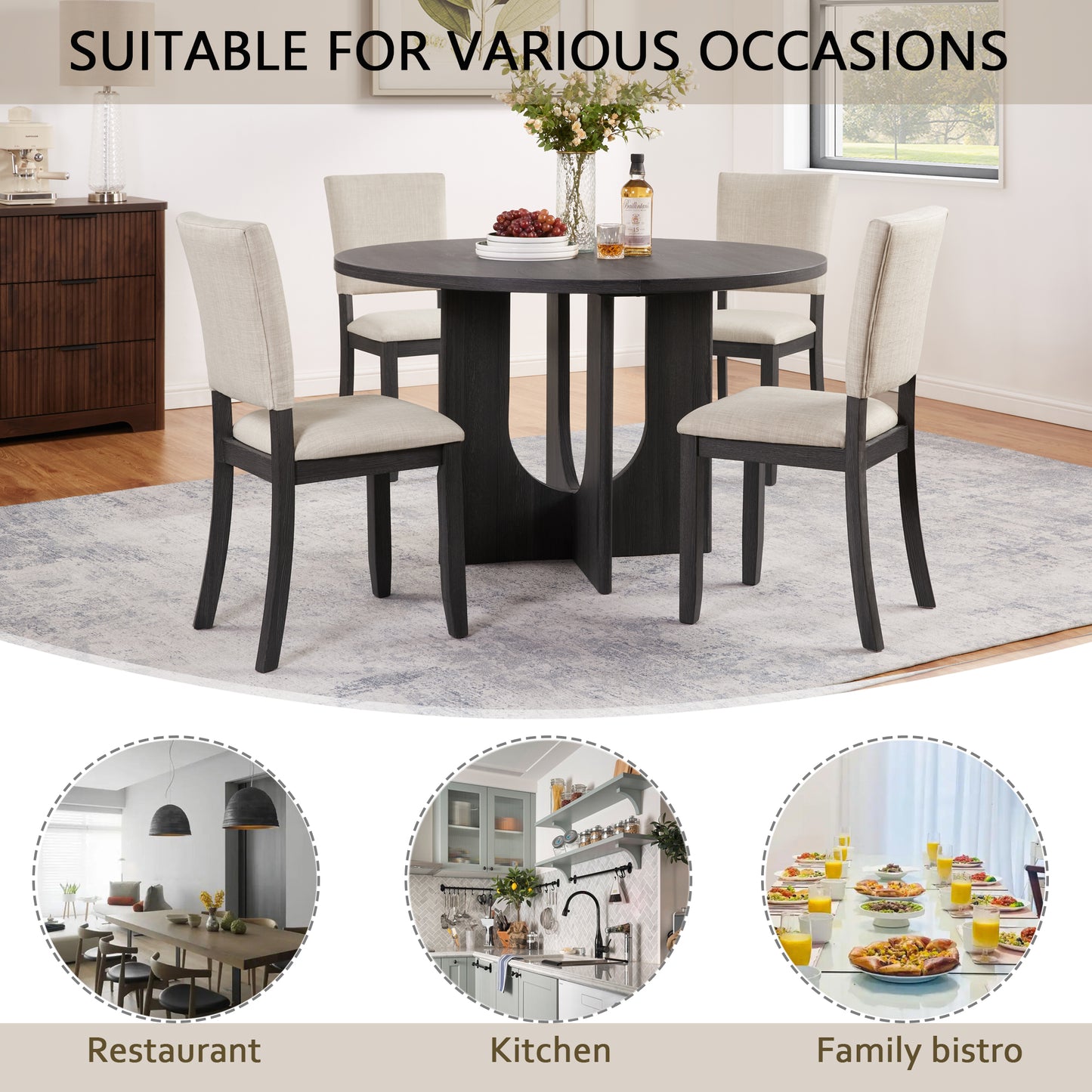 47.3" Round Dining Table Set with 4 Upholstered Chairs - Antique Black & Beige