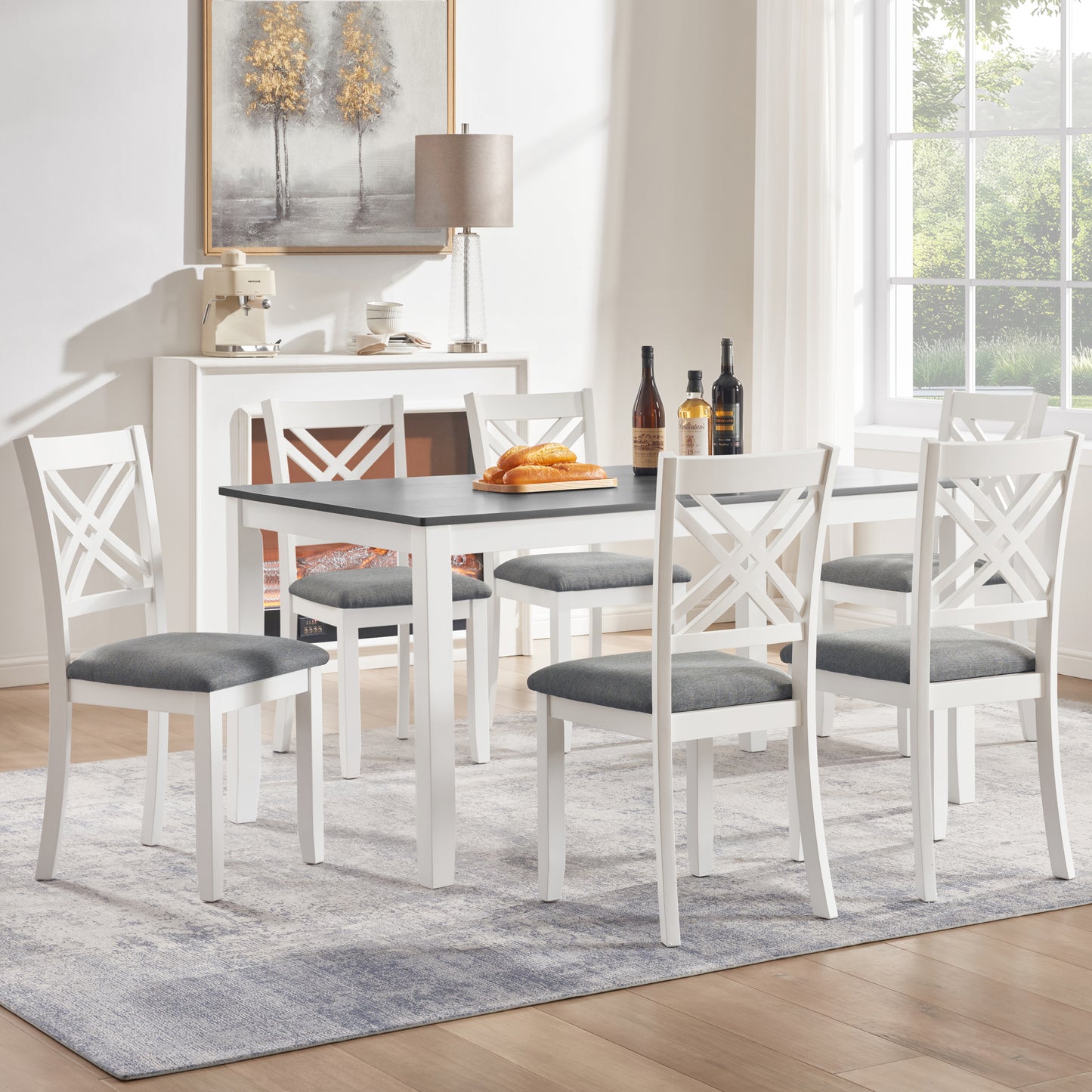 7-Piece Solid Wood Dining Set with 6 Upholstered Chairs - Grey & White