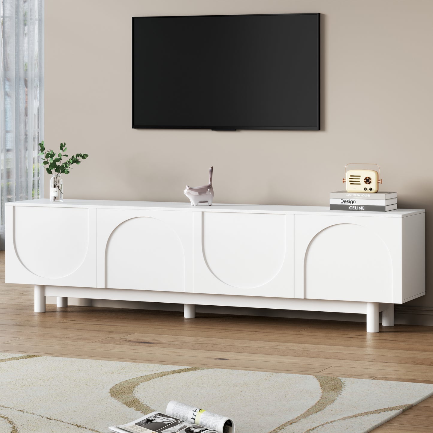 Minimalist TV Stand with Arch Cabinets for TVs Up to 78" - White