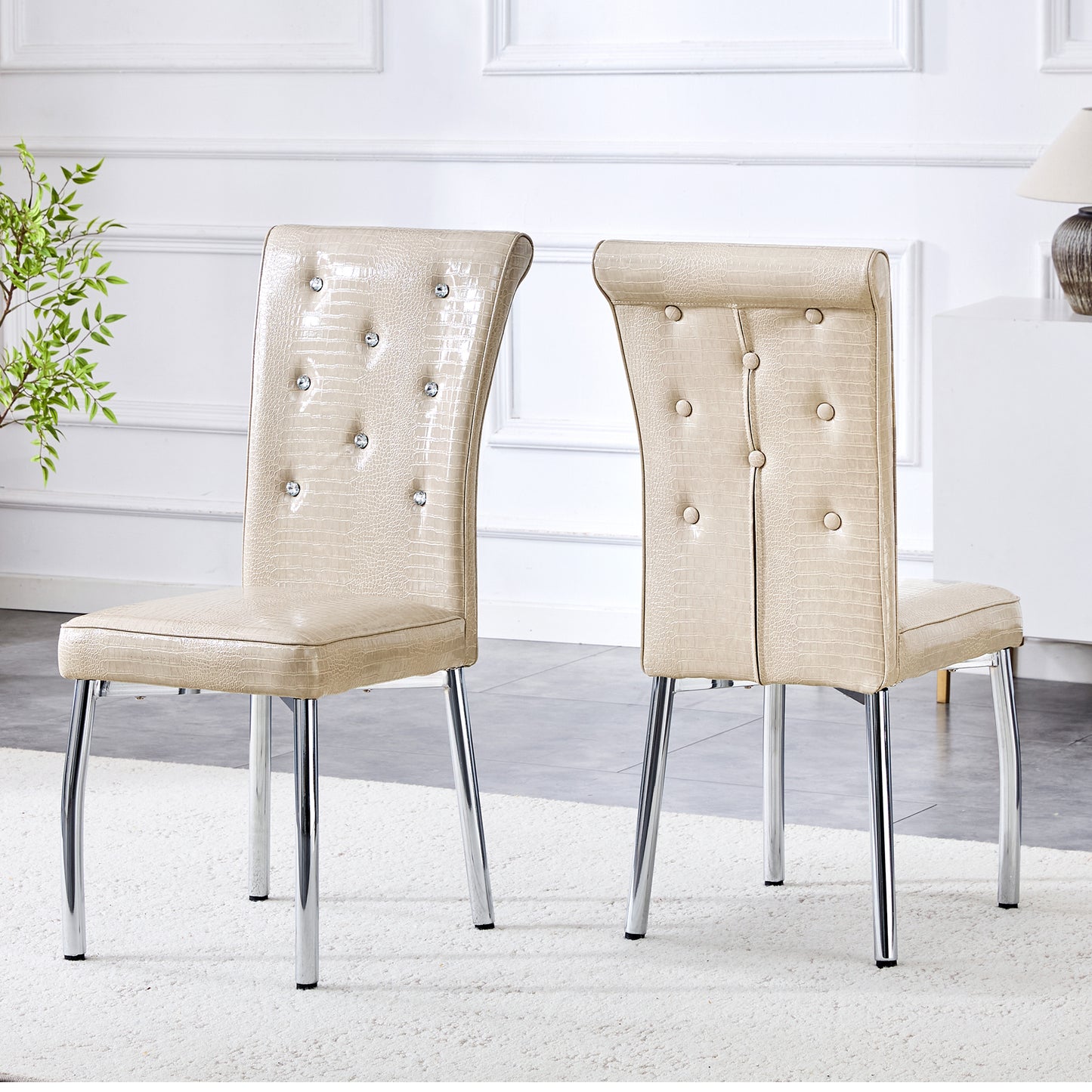 Set of 2 Beige and Silver Vintage Crocodile Leather Dining Chairs