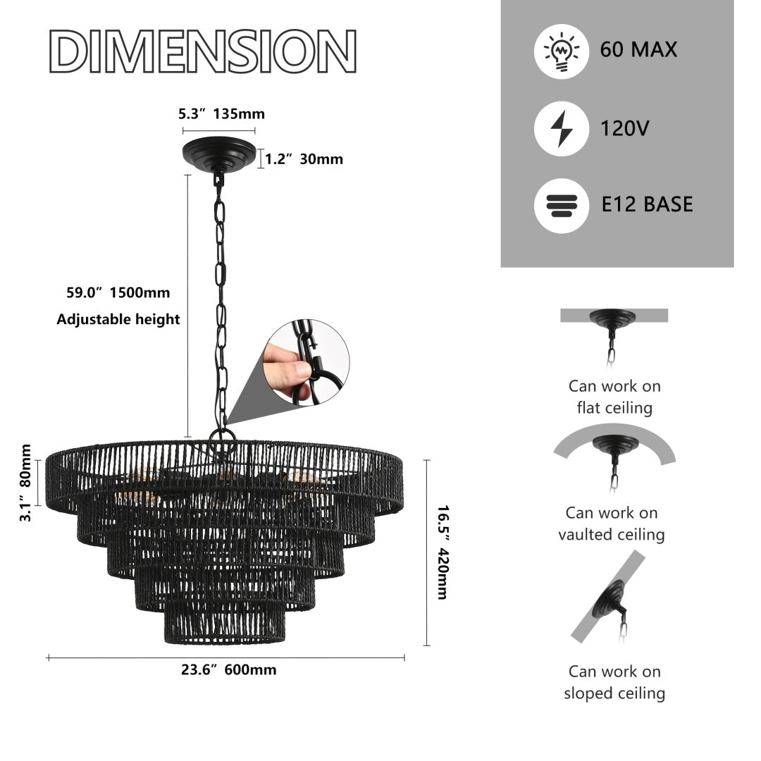 Rustic 5-Tier Black Hemp Rope Pendant Light Chandelier - 8 E12 Sockets