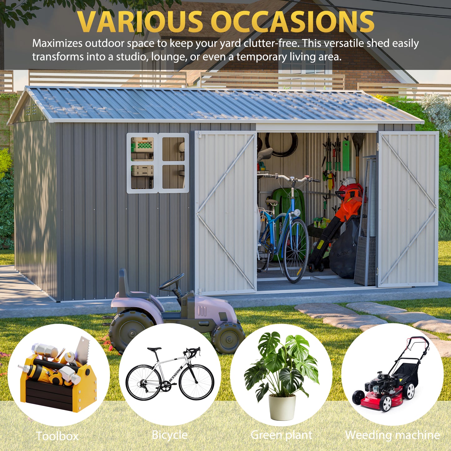 12x10 FT Heavy Duty Metal Outdoor Storage Shed - Grey