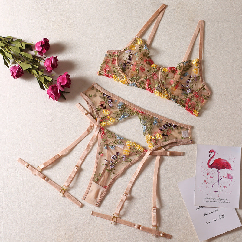 Women's Floral Lingerie Garter Set with Panty, Garter Belt & Leg Rings