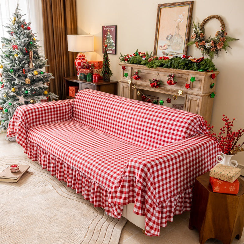 Linen-Colored Ruffled Edge Sofa Cover - Full-Cover Dust Protector
