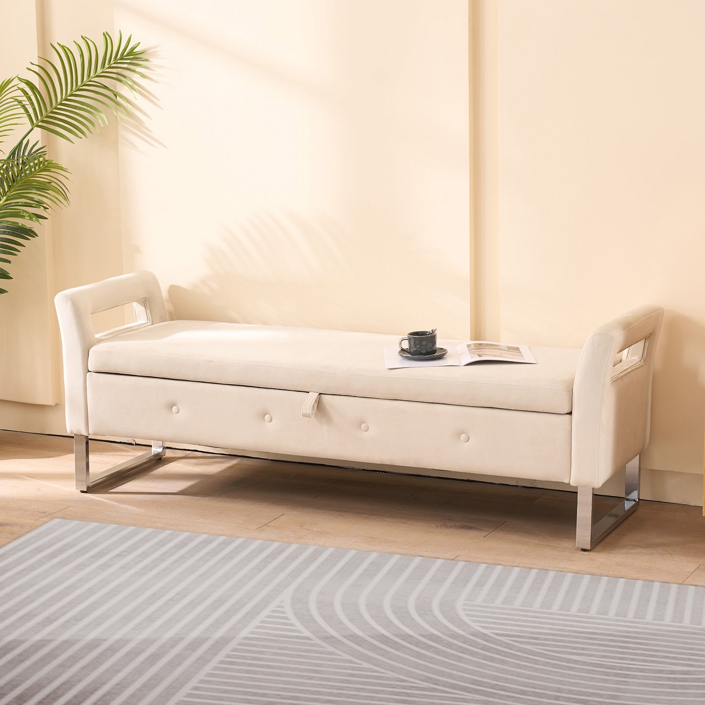67.91" Wide Velvet Storage Bench with Armrests - Beige