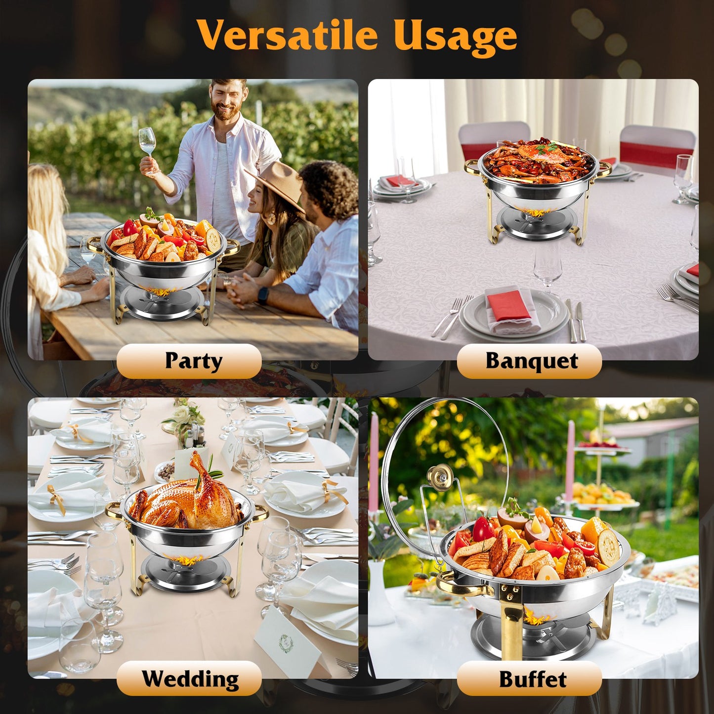 4-Piece Stainless Steel Chafing Dish Set - 4.76QT Round Buffet Servers