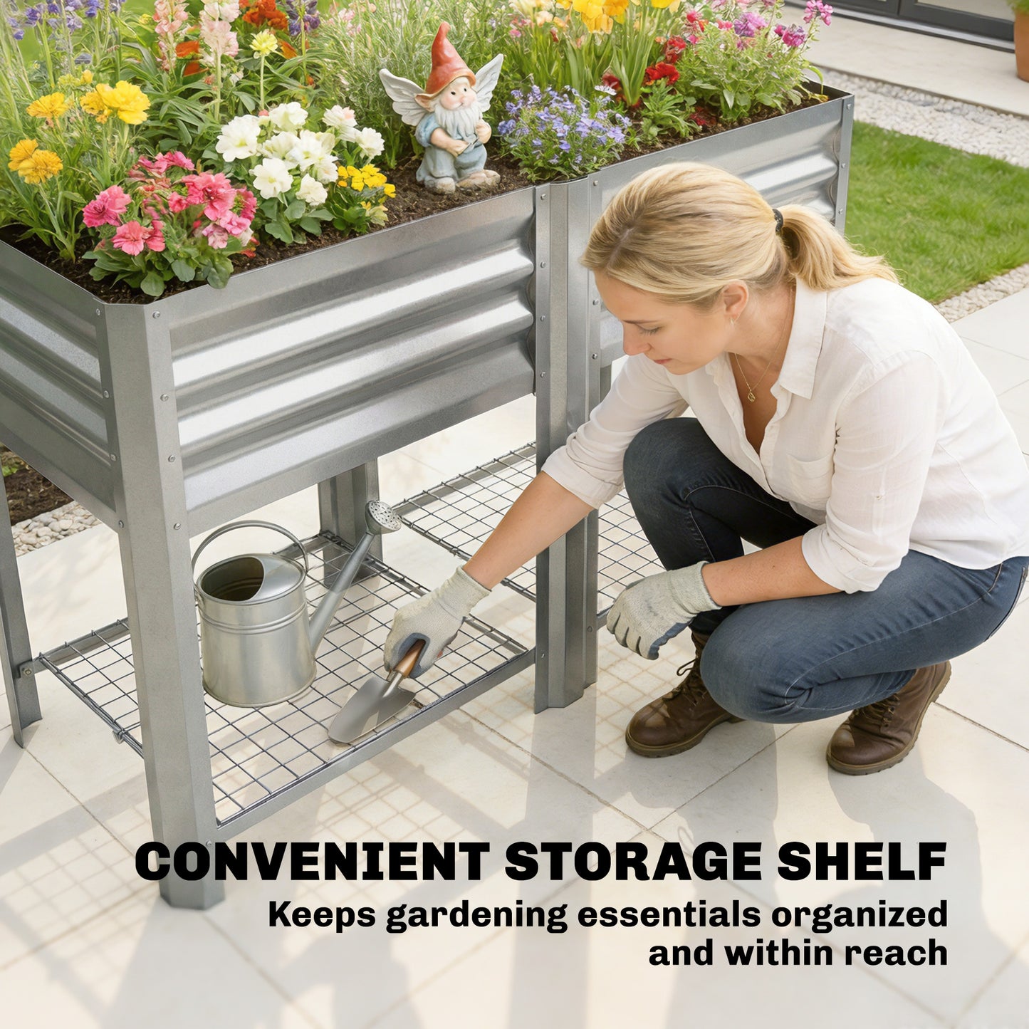 Galvanized Steel Raised Garden Bed with Storage Shelf - 31.5 Inch Height, Silver