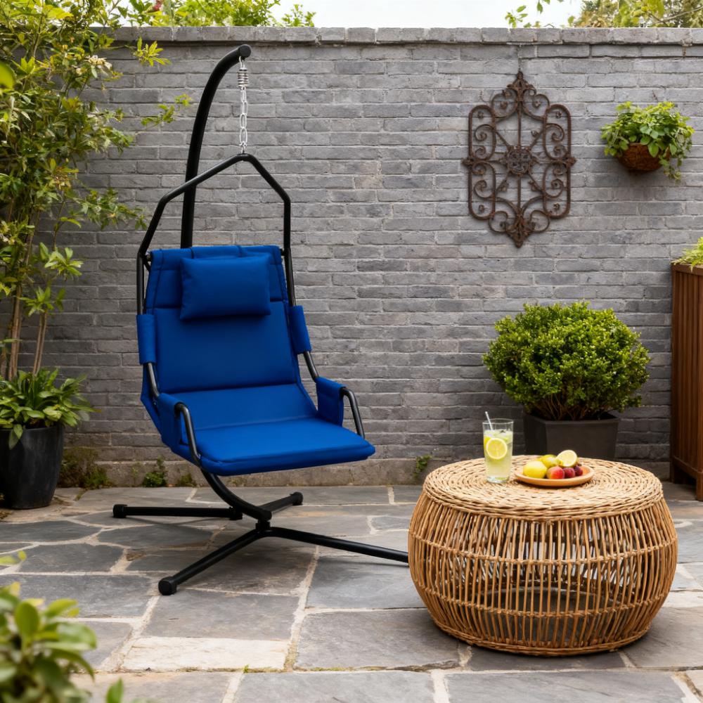 Hanging Swing Chair with Steel Frame & Coating Cushion - Black & Dark Blue