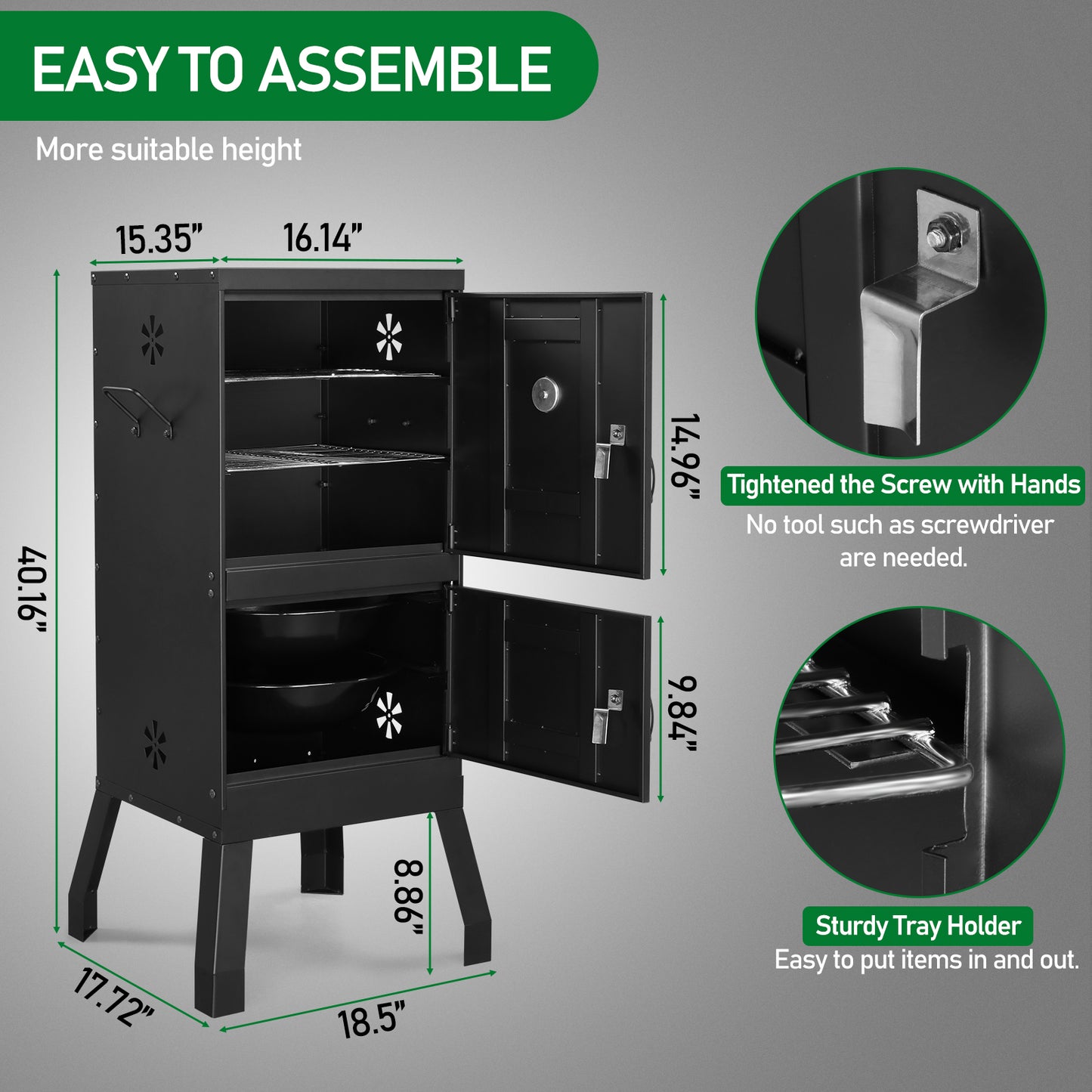 Outdoor Smoker with Double Door Design - Black