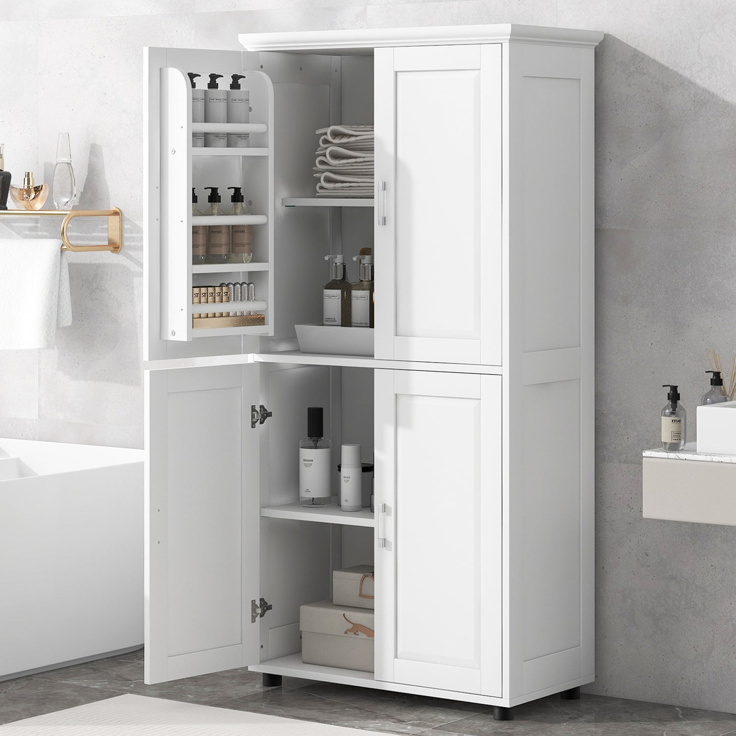 Tall Bathroom Storage Cabinet with 4 Doors & Adjustable Shelves - White