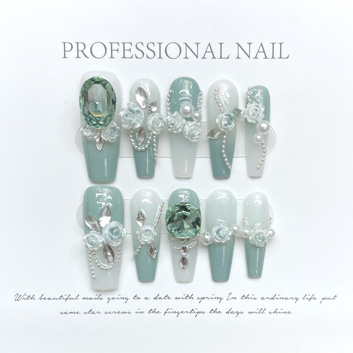 Green Diamond Chain Nail Art Kit with Camellia Gradient Design - All Sizes & Colors