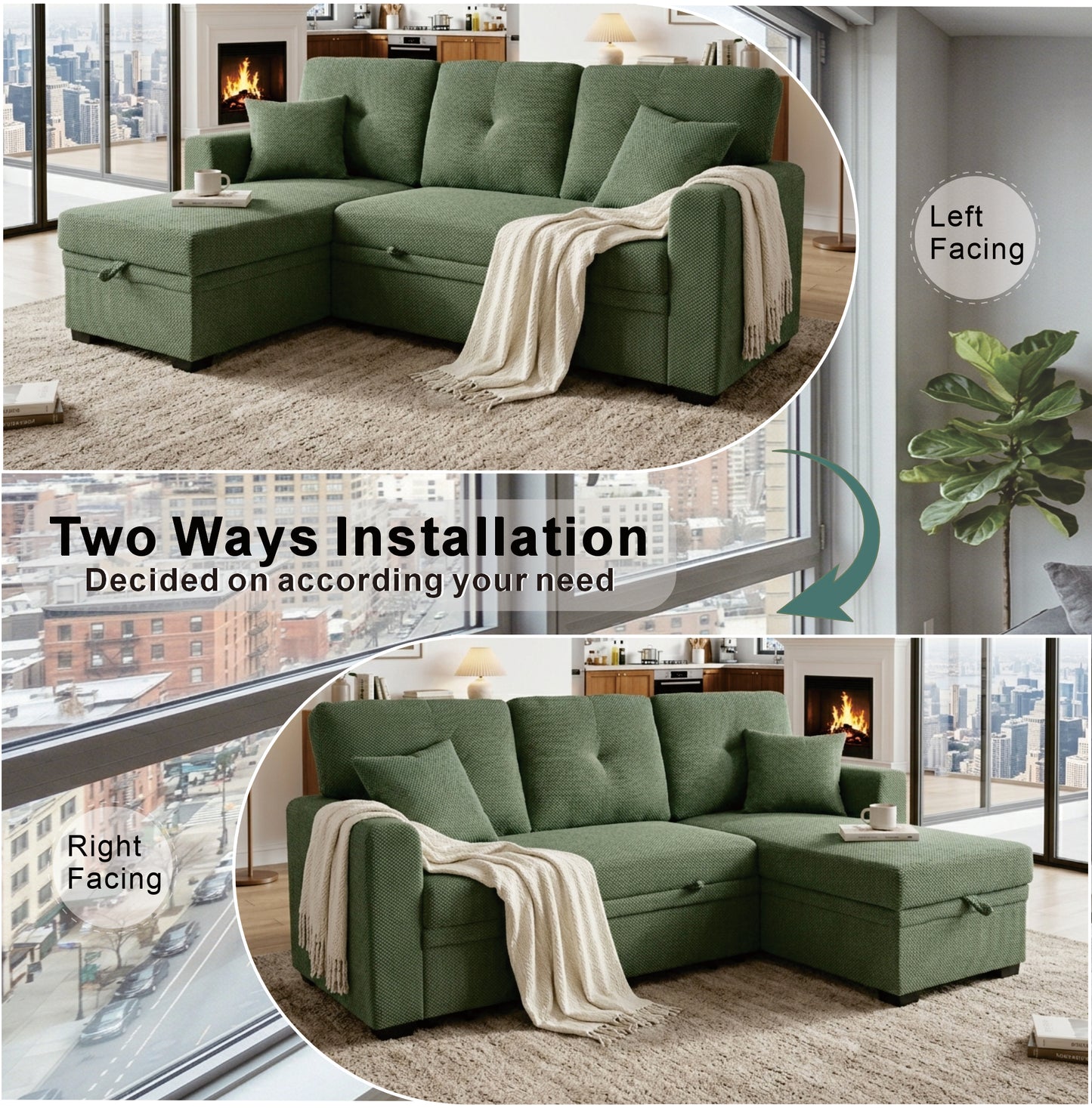 Convertible Sleeper Sofa with Pull-Out Bed & Reversible Chaise - Dark Green