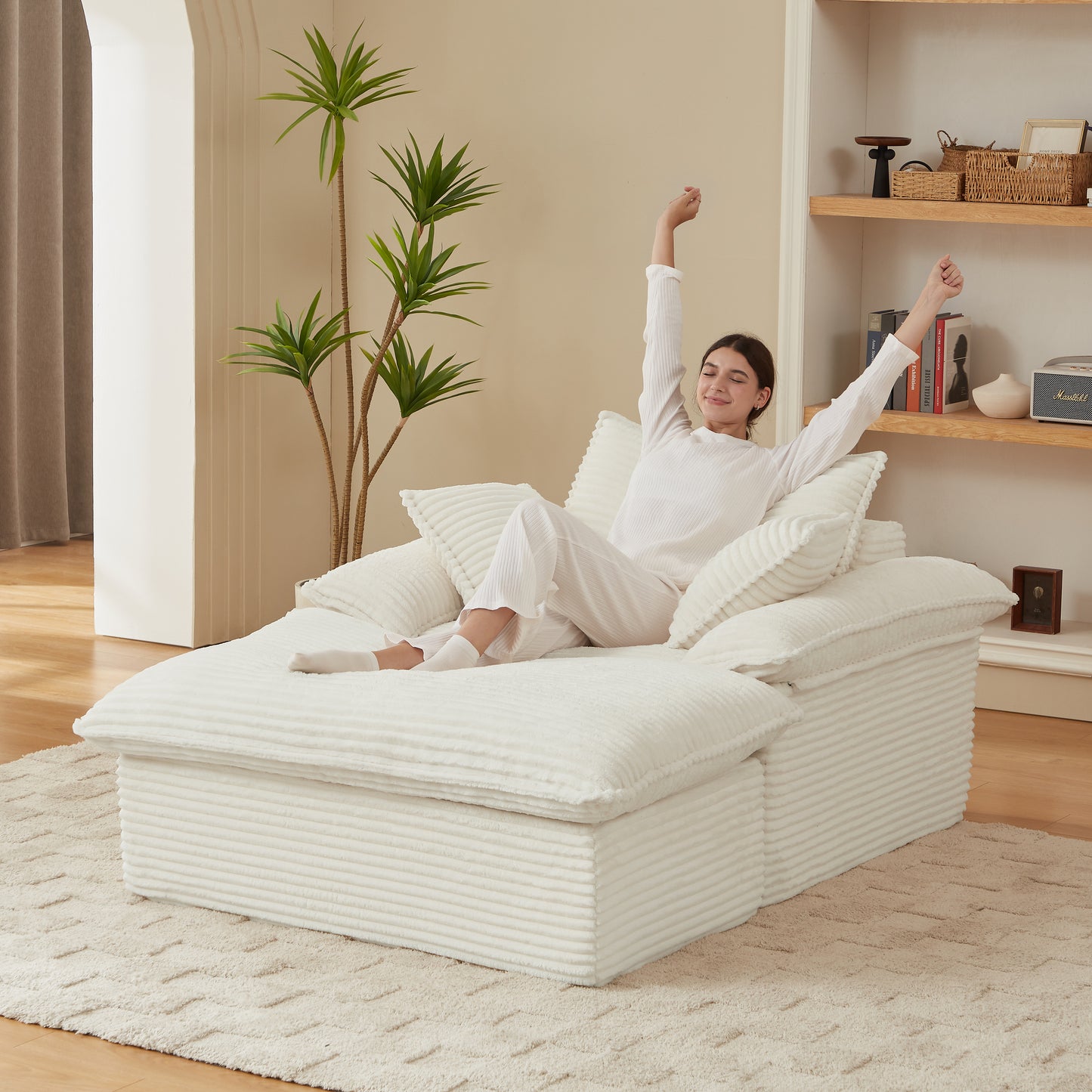 Modern Comfortable Single Seat Sofa with Unique Footrest - White