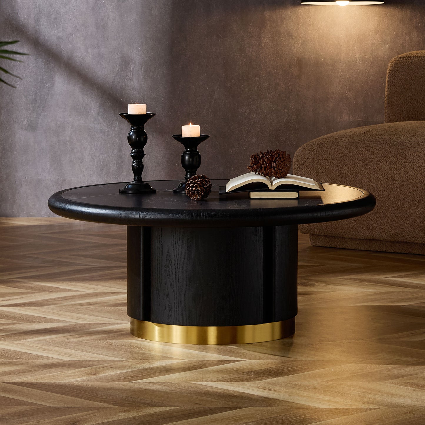 Round Coffee Table with Sintered Stone Top - Black