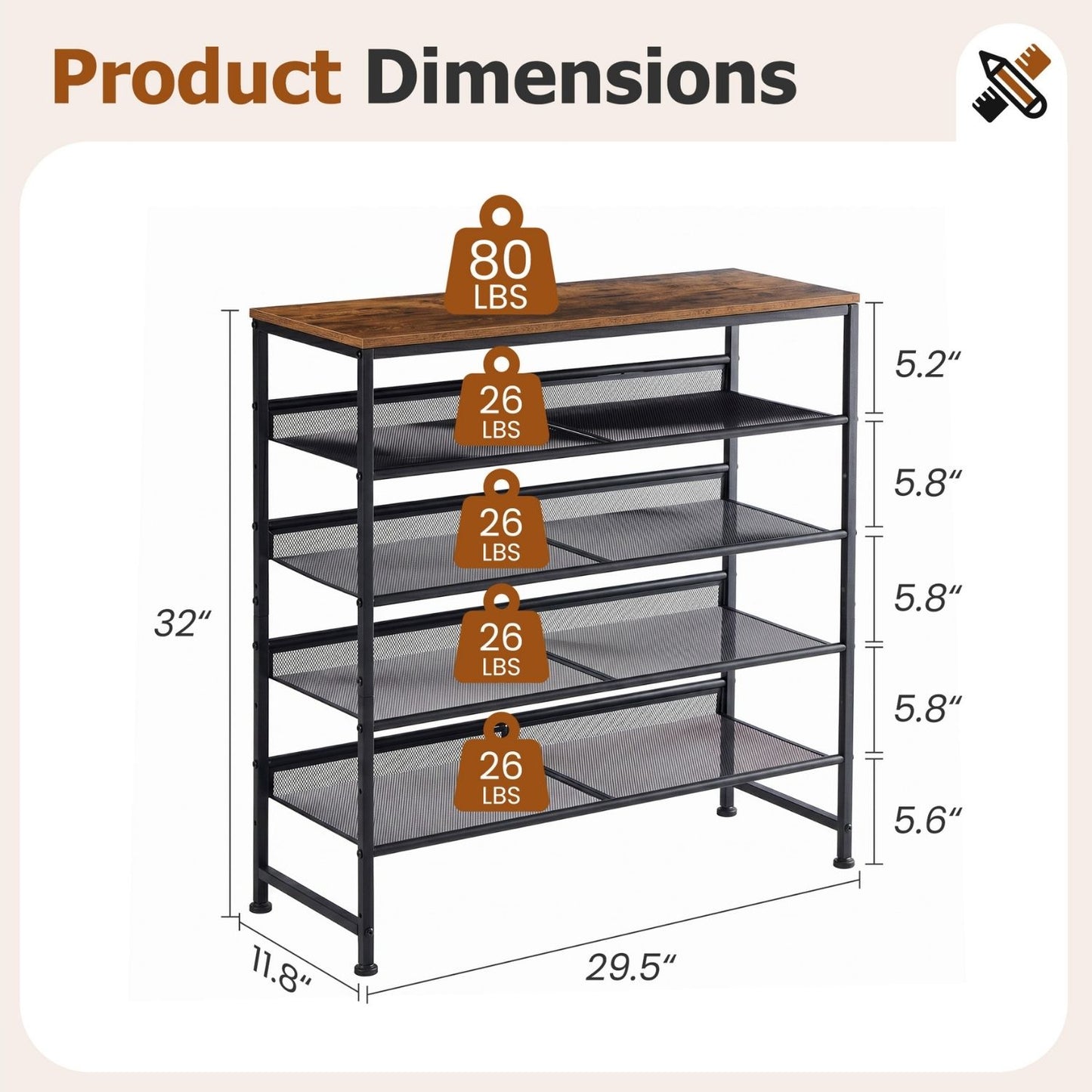 5-Tier Wood Top Shoe Rack - Industrial Style Organizer