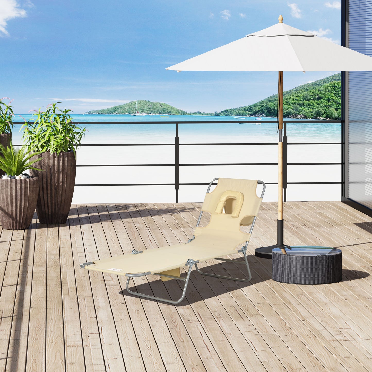 Adjustable Tanning Chair with Face Hole - Beige Folding Lounger
