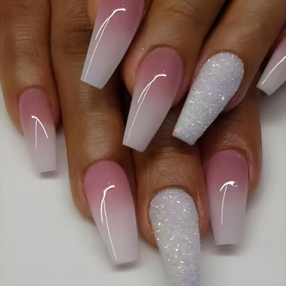 24-Piece Long Coffin-Shaped Gradient Pink Nail Art Kit with Sequin Embellishments
