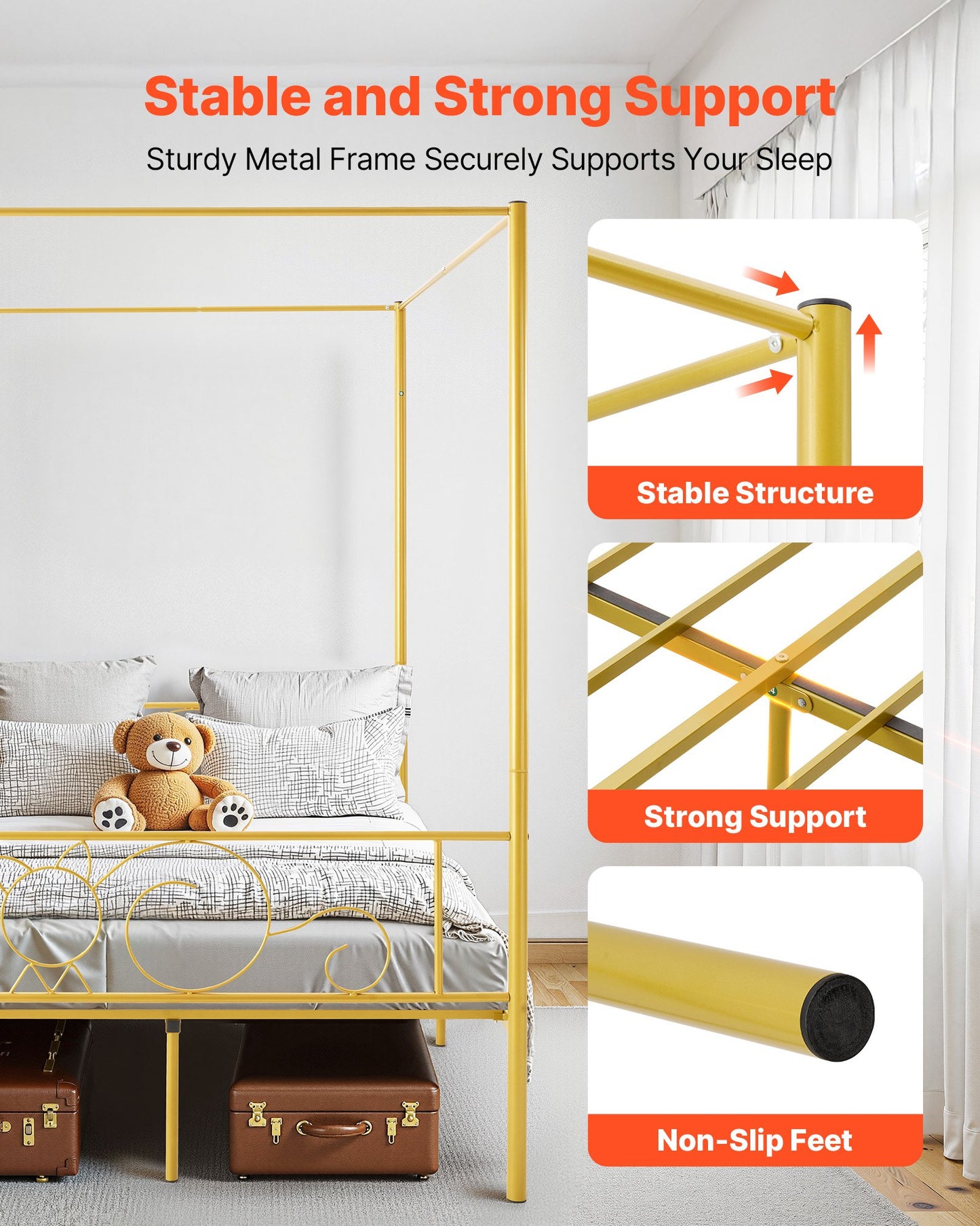 Full Size Metal Canopy Bed Frame with Storage, Heavy Duty Steel Support, Easy Assembly, Gold Finish