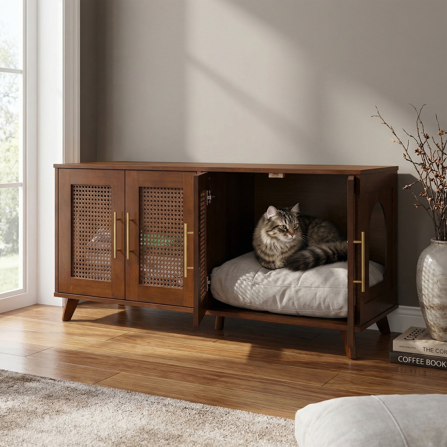 Myra Indoor Premium Rubber Wood Cat Cabinet With Cozy Cushion Stylish