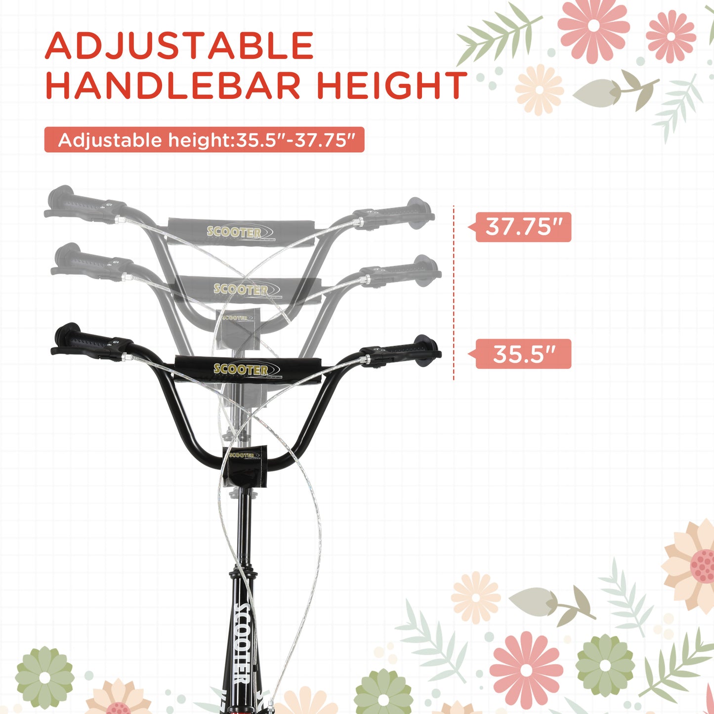 Kids Kick Scooter - Adjustable Handlebar, Dual Rear Brakes, Black