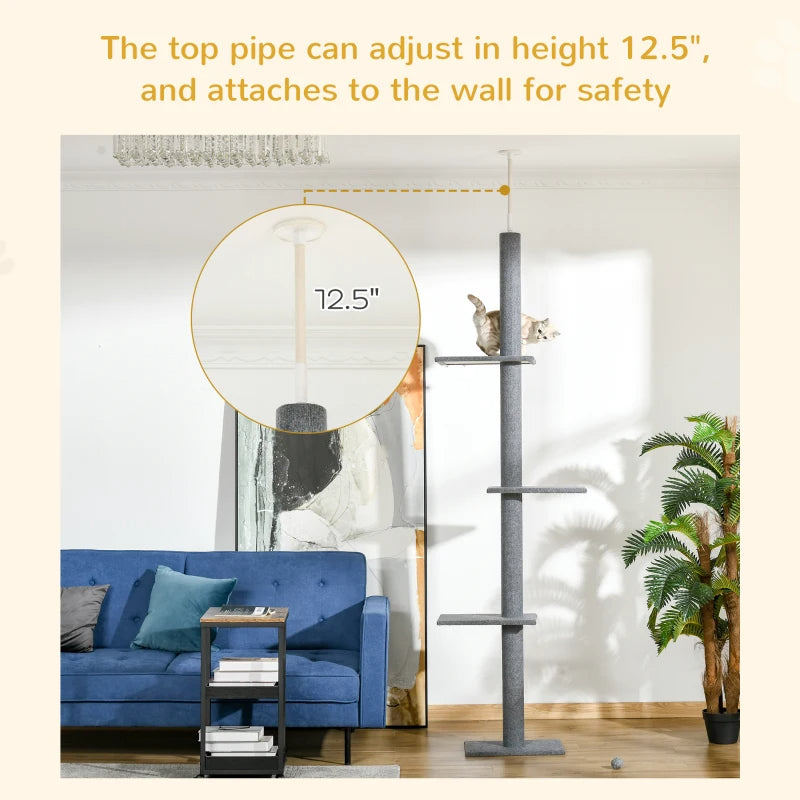 Adjustable Floor-to-Ceiling Cat Tree Tower with Sisal Posts - Grey, 8.5 Feet