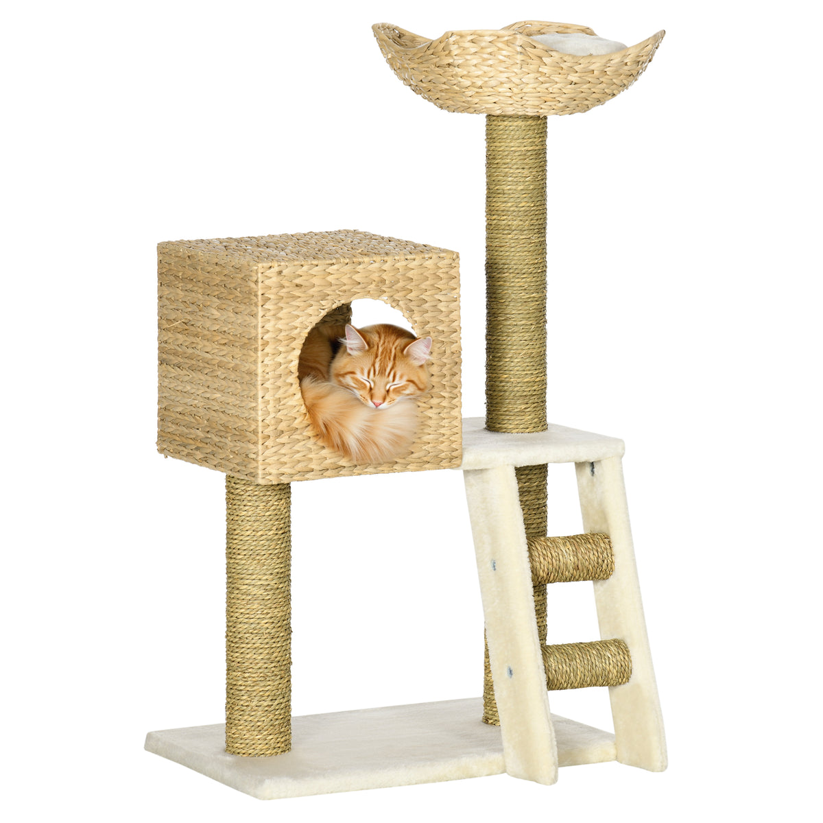 Indoor Cat Tree Tower with Rattan Condo and Washable Cushions - Natural Finish