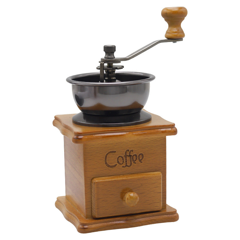 Brown Retro Solid Wood Manual Coffee Grinder with Adjustable Burrs