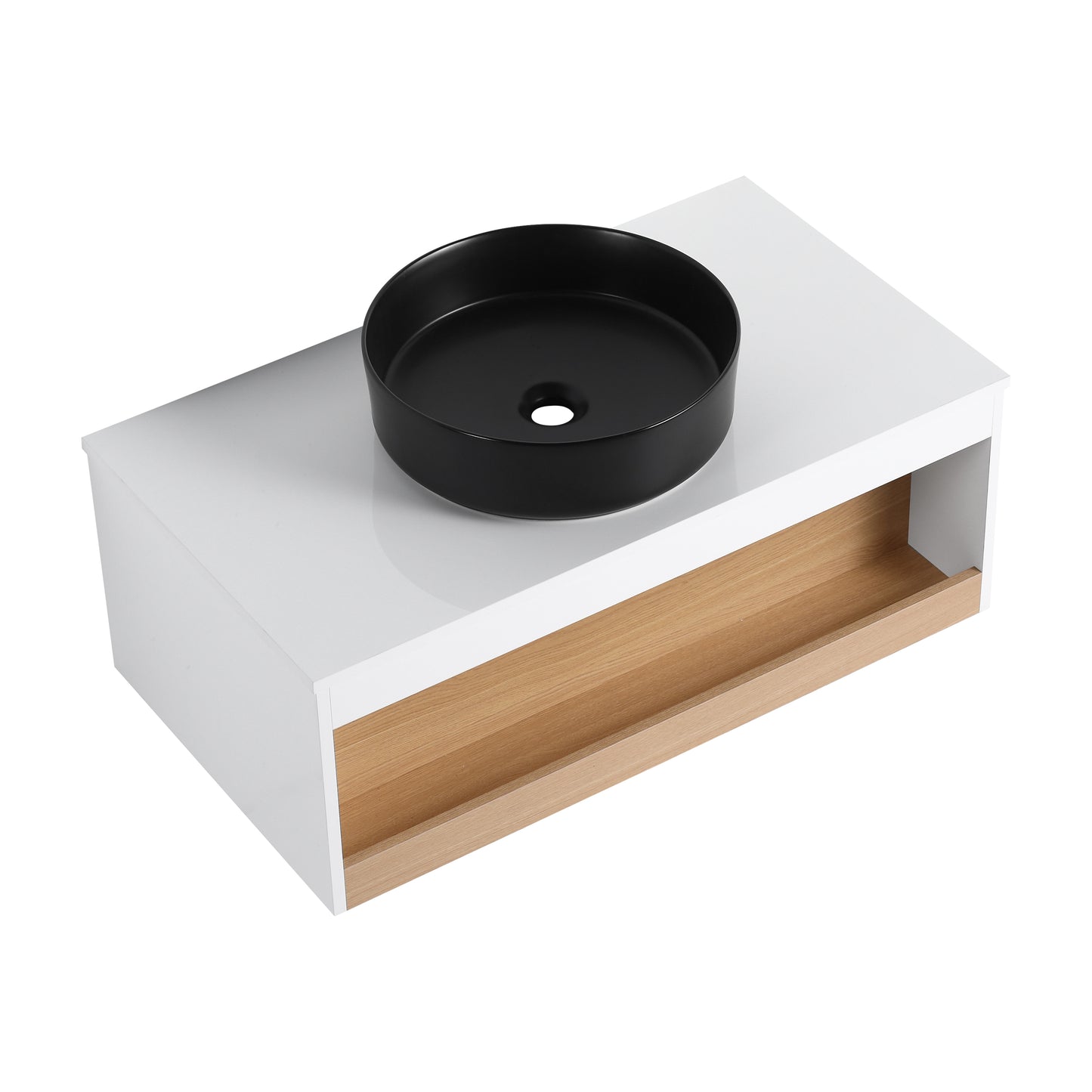 36" Floating Bathroom Vanity with Round Sink & Open Shelf - Black, White, Light Oak